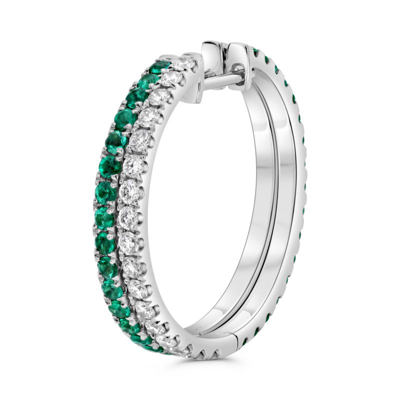 14K White Gold .90ctw Emerald &amp; .90ctw Diamond Dual 1&quot; Hoop Earrings