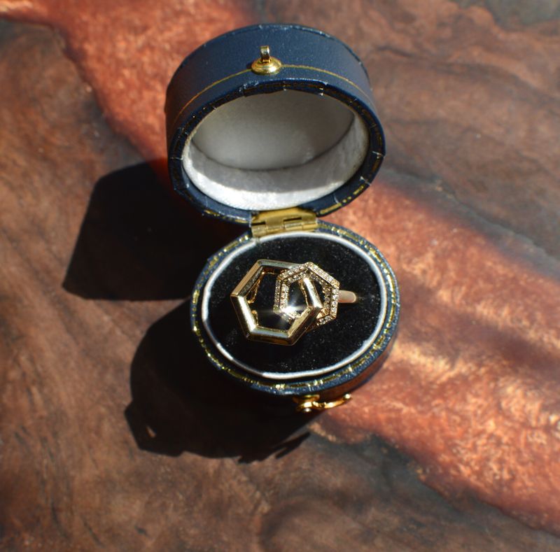 14K Yellow Gold Interlocking Hex Ring .08ctw Diamond Ring