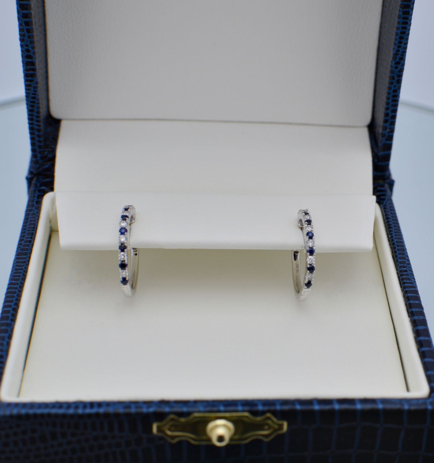 14K White Gold .17ctw Diamond Sapphire  1/2&quot; Huggies Earrings