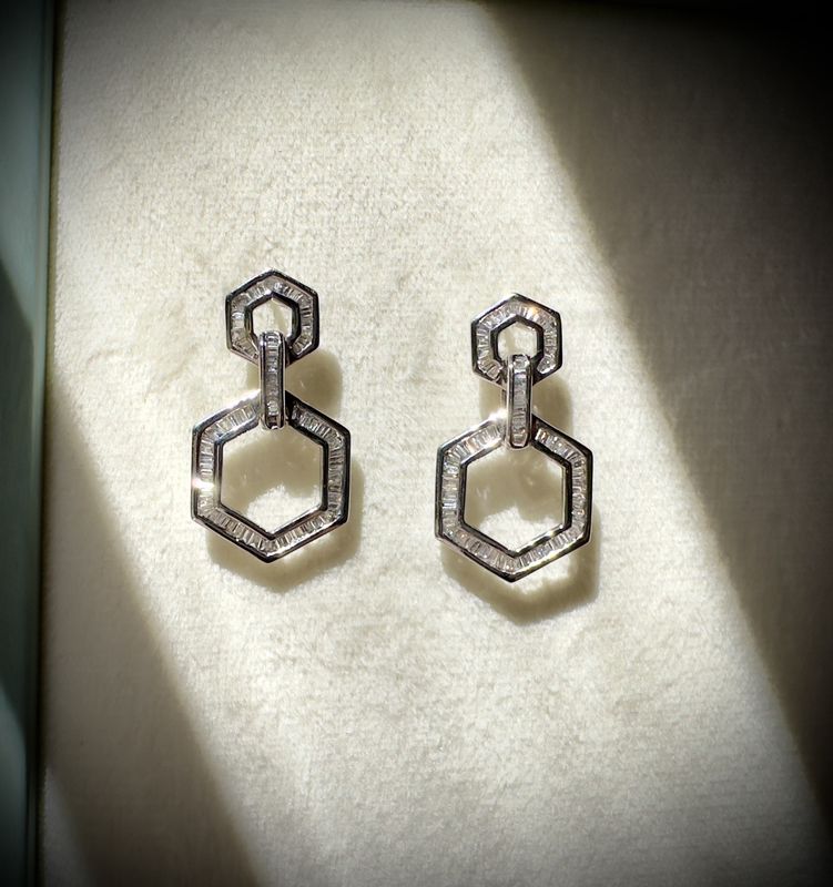 14K White Gold Baguette Diamond .73ctw Channel Set Hex Shape Dangle Earrings