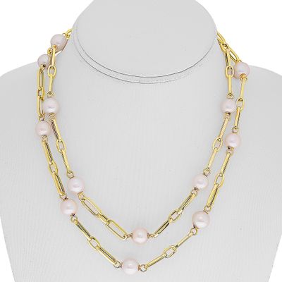 14K Yellow Gold Freshwater Pearl Stations on 35” Paperclip Chain