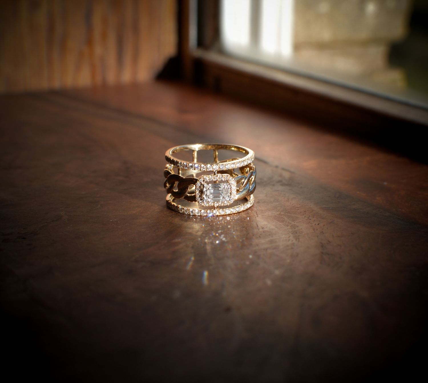 14K Yellow Gold .60ctw Diamond Wide Band Chain Link Ring