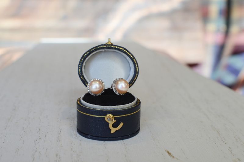 14K White Gold Peachy Pearl Studs in .20ctw Diamond Halo Jackets