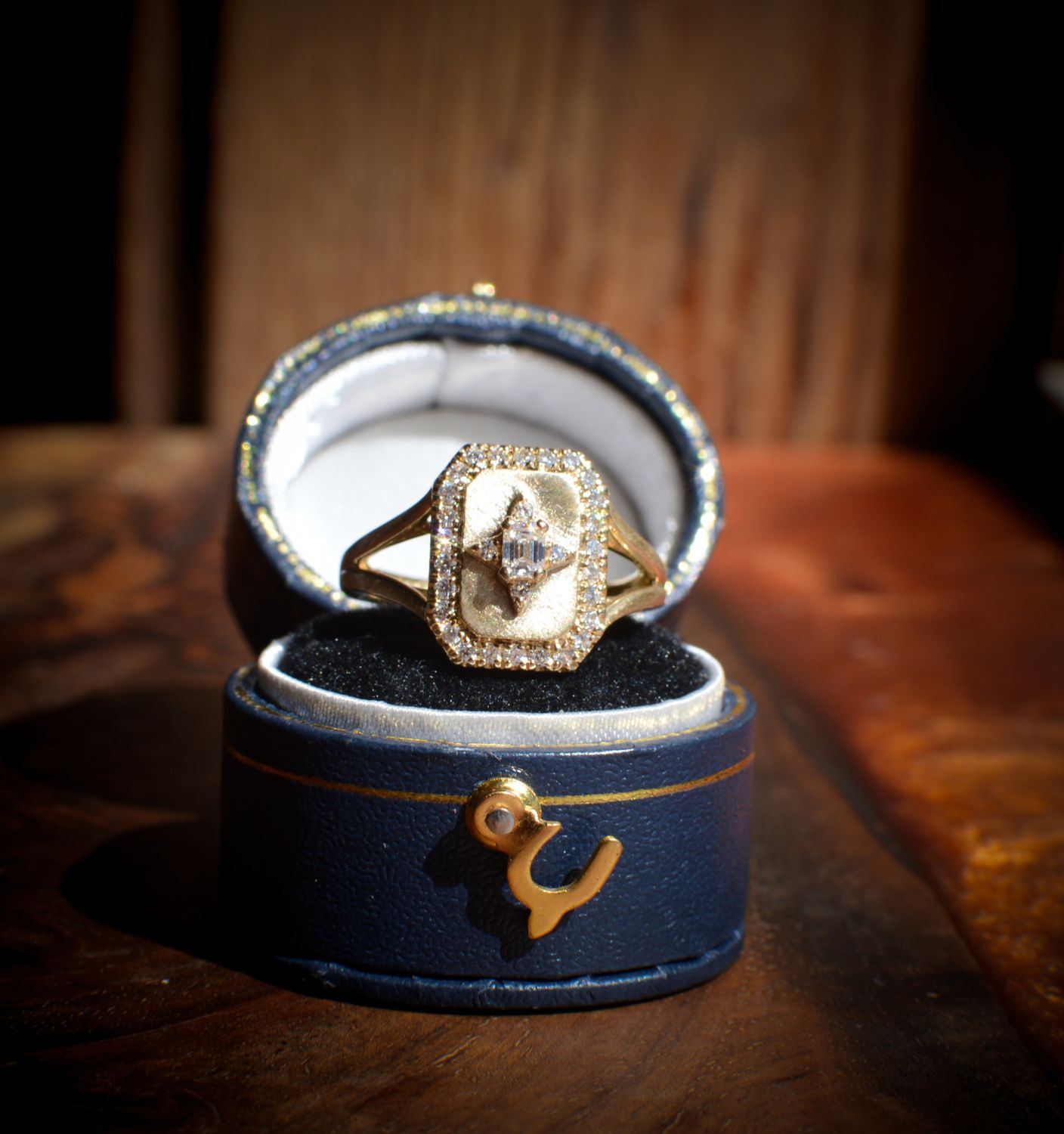 14K Yellow Gold Emerald Star Signet Ring w/ .45ctw Diamonds in Halo &amp; Center Star Cluster