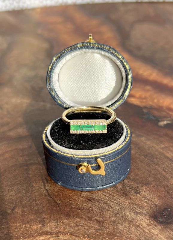 14K Yellow Gold .30ctw Emerald &amp; .10ctw Diamond Bar Ring