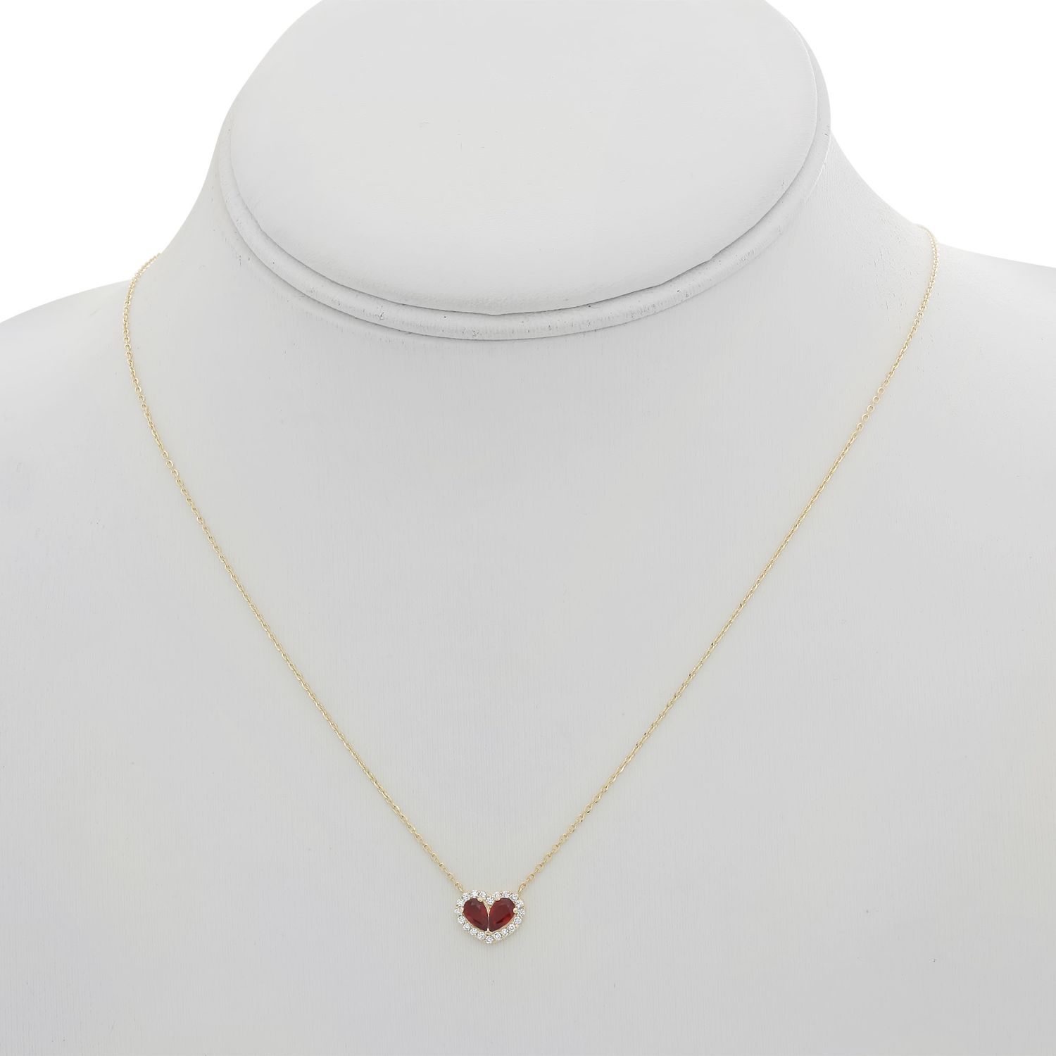 14K Yellow Gold Pear Shape Ruby Heart w/ .11ctw Diamond Halo Necklace