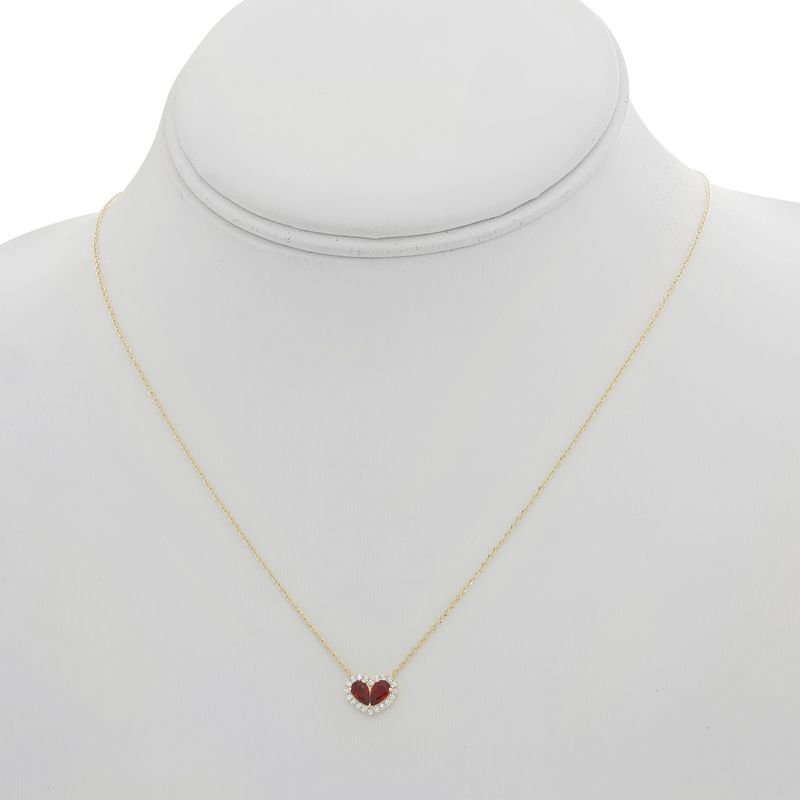 14K Yellow Gold Pear Shape Ruby Heart w/ .11ctw Diamond Halo Necklace