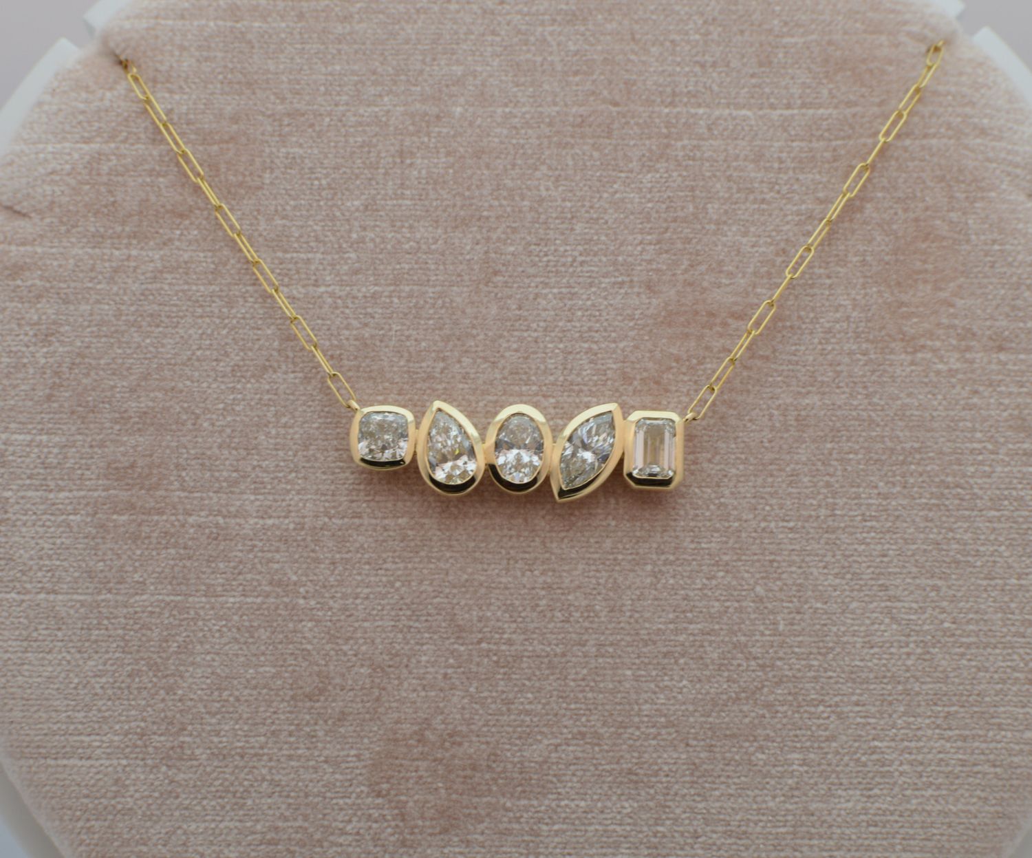 14K Yellow Gold 5 Bezel Set Multi Cut 5ctw Lab Grown Diamonds on Paperclip Chain