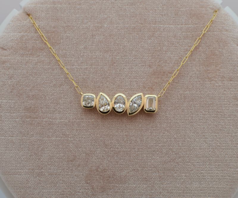 14K Yellow Gold 5 Bezel Set Multi Cut 5ctw Lab Grown Diamonds on Paperclip Chain