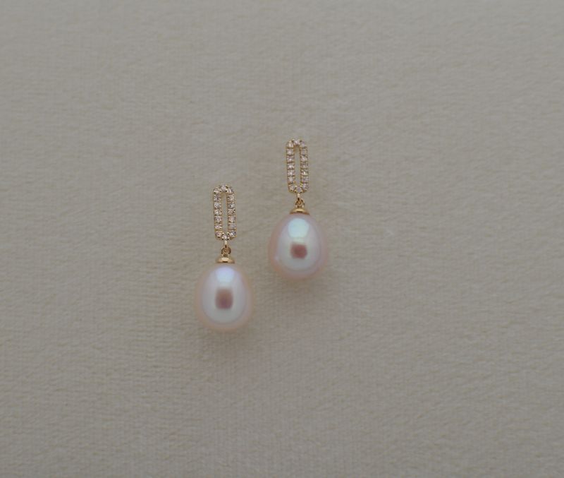 14k Yellow Gold  .10ctw Diamond Paper Clip Earrings with Pearl Drop
