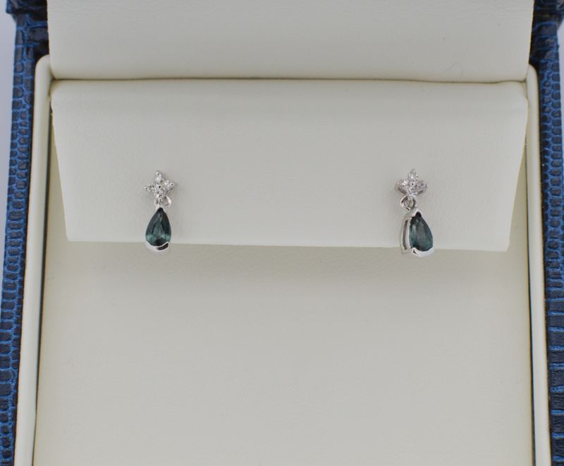 10K White Gold Pear Shape Montana Sapphire &amp; Diamond Stud Earrings