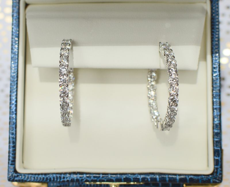 14K White Gold 4.0ctw Lab Grown Diamond Inside/Outside Hoops 1-1/4in Ez-Lock