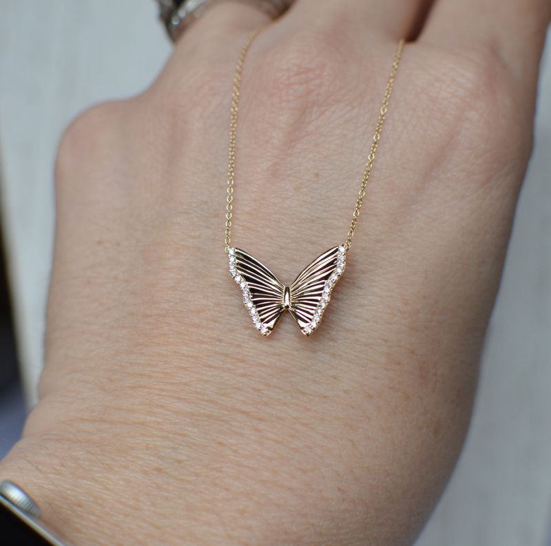 14K Yellow Gold Butterfly Necklace w/ .15ctw Diamonds on 18” Chain