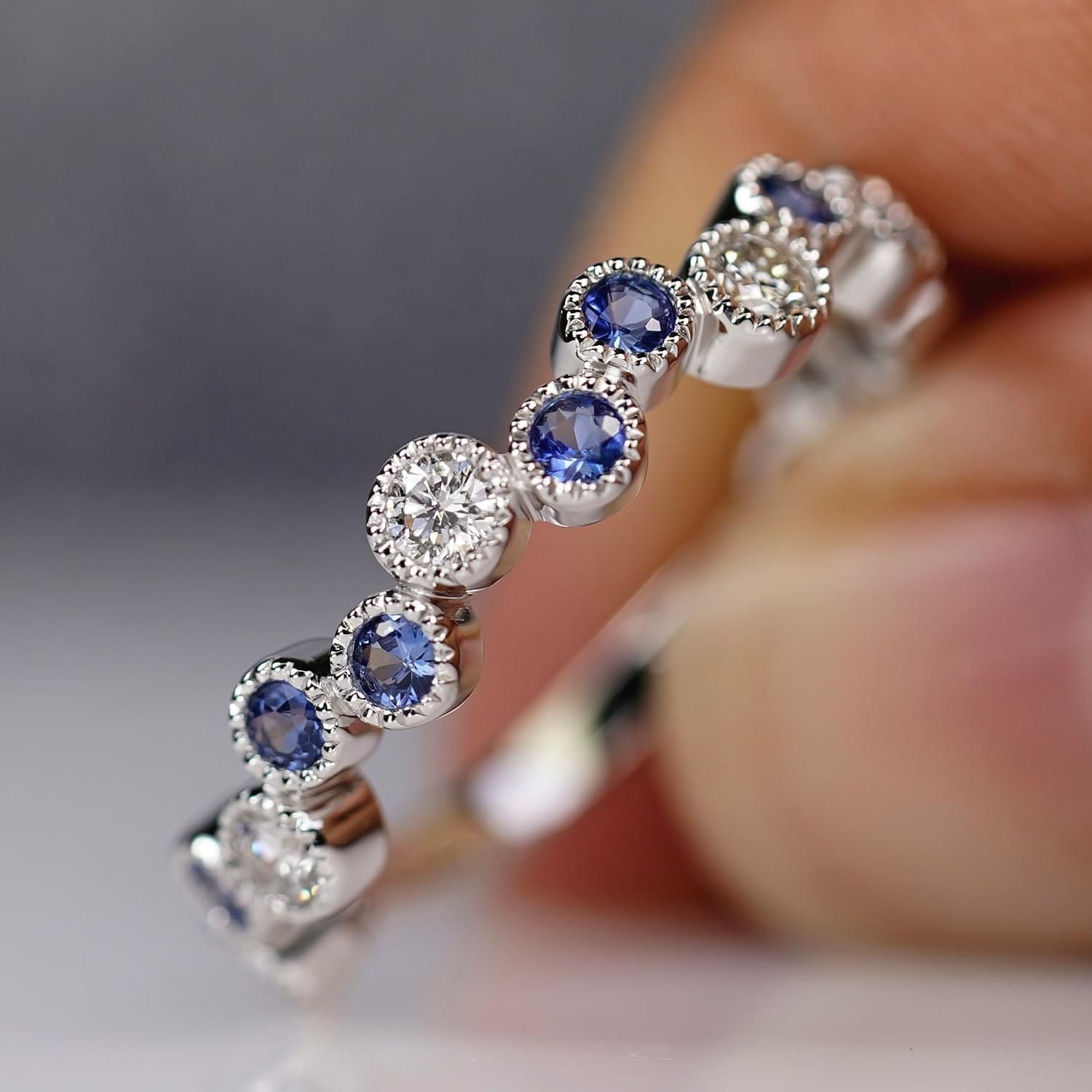 14K White Gold Sapphire &amp; Diamond Bubble Ring