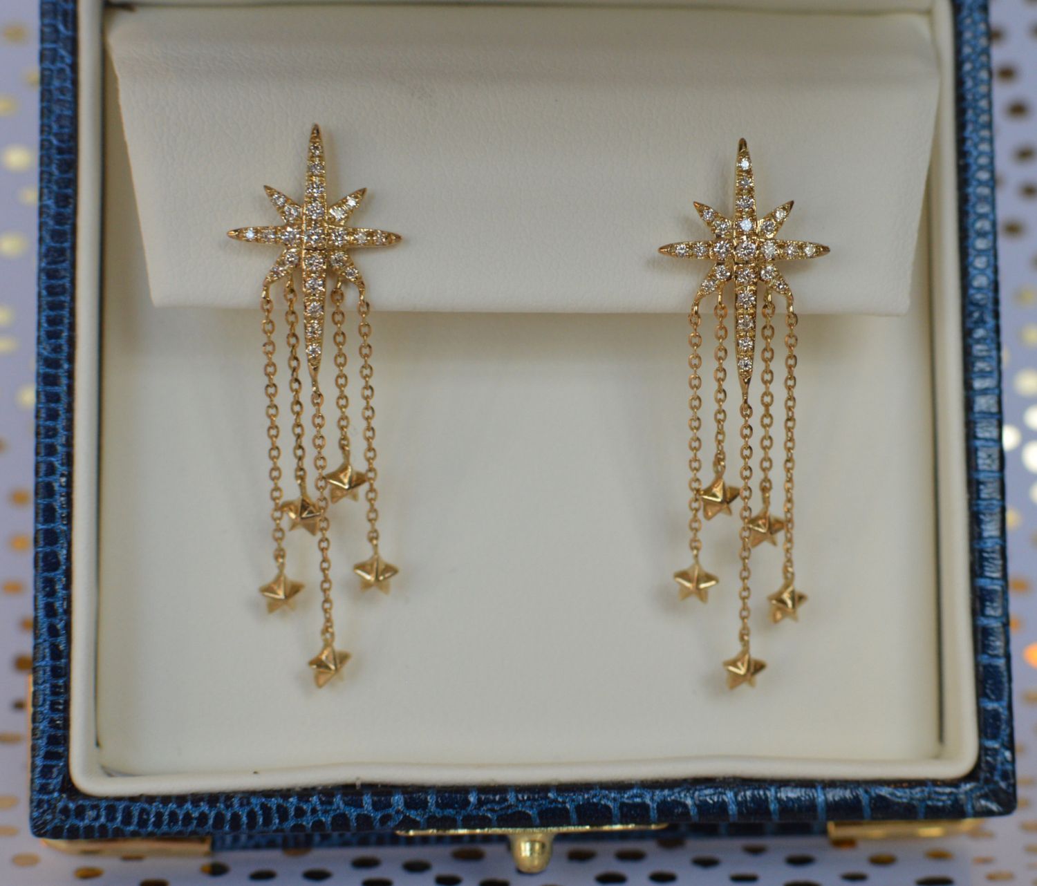 14k Yellow Gold .25ctw Diamond Starburst Earrings w/ Star Dangles