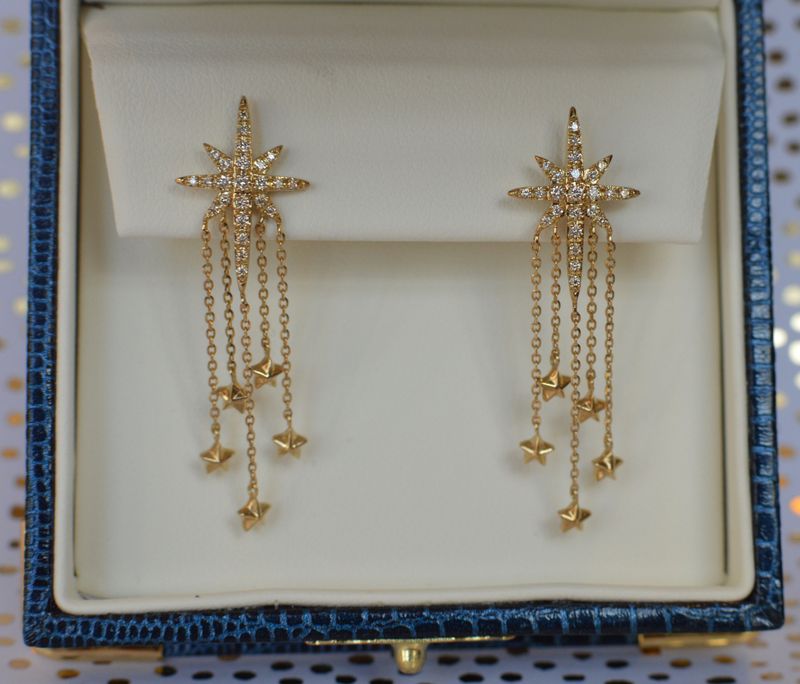 14k Yellow Gold .25ctw Diamond Starburst Earrings w/ Star Dangles