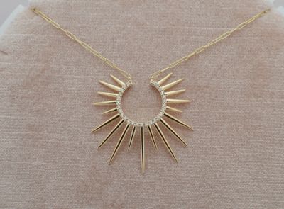14K Yellow Gold Open Circle Sunburst Necklace .33ctw Diamonds
