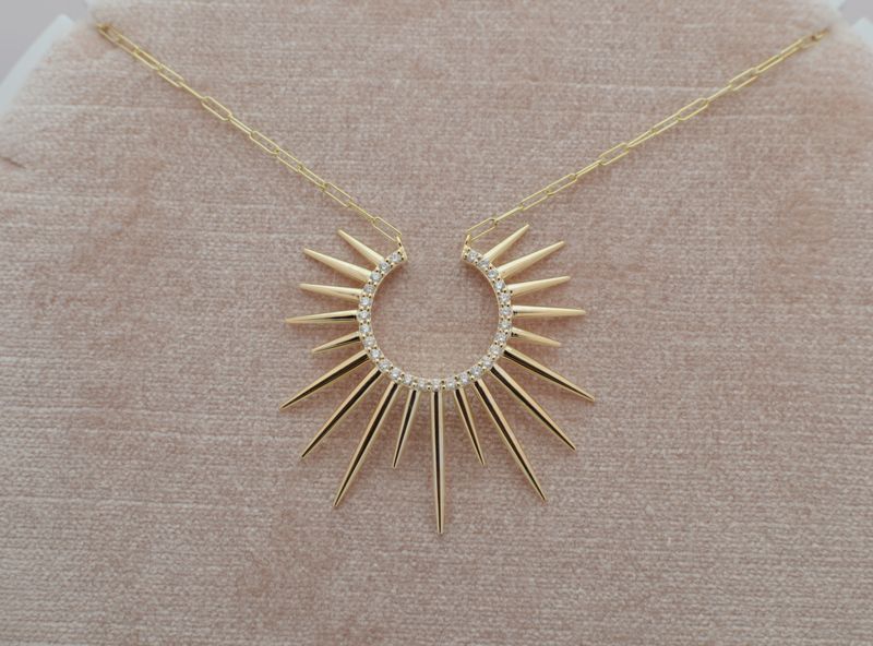 14K Yellow Gold Open Circle Sunburst Necklace .33ctw Diamonds