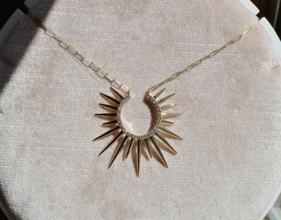 14K Yellow Gold Open Circle Sunburst Necklace .33ctw Diamonds