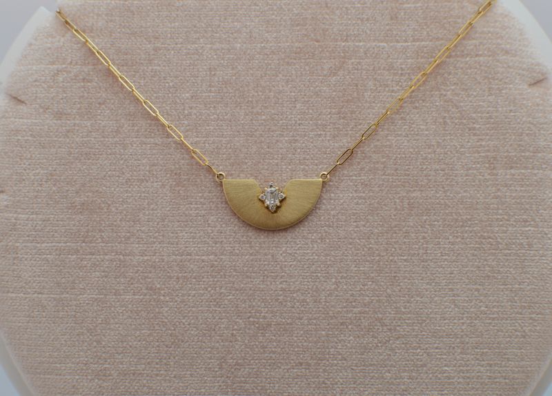 14K Yellow Gold Half Moon Emerald Star .21ctw Diamond Cluster Necklace