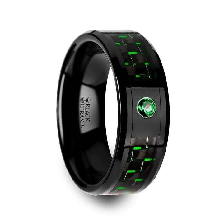 Sz 10 Black Ceramic Ring with Black and Green Carbon Fiber and Green Emerald Setting