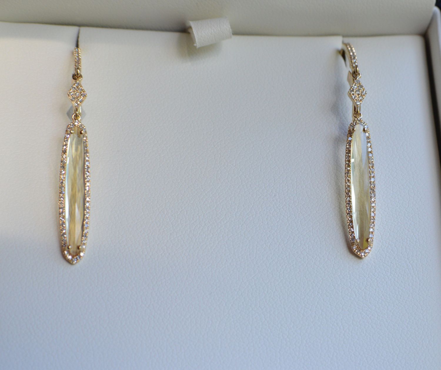 14K Yellow Gold Elongated Oval Citrine 2.53ct w/ Diamond Halo Drop .32ctw Earrings