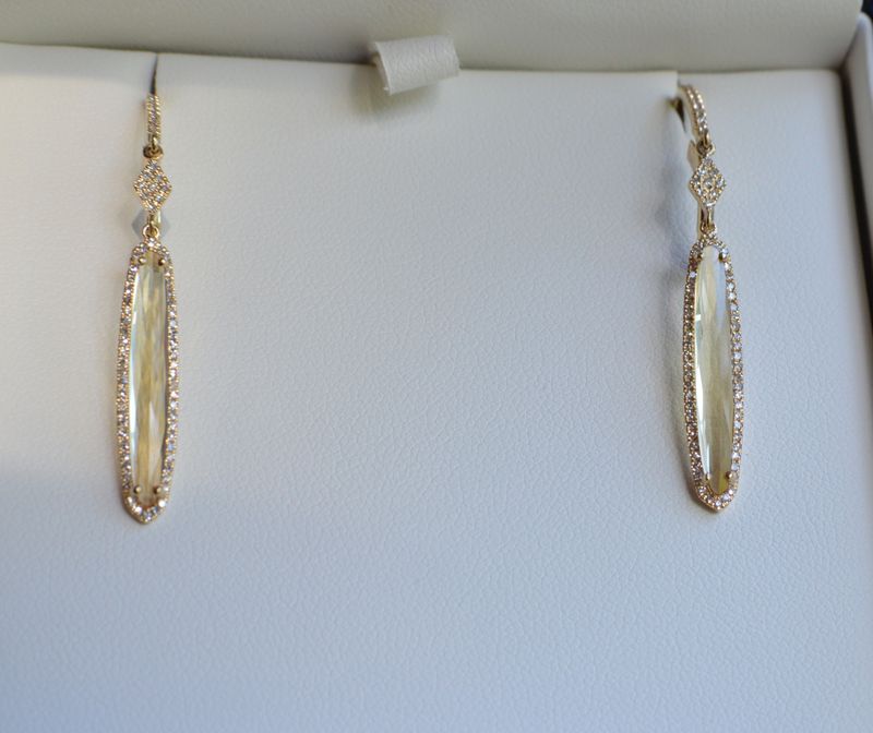 14K Yellow Gold Elongated Oval Citrine 2.53ct w/ Diamond Halo Drop .32ctw Earrings