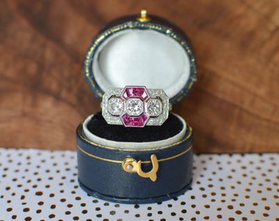 Platinum Vintage Style Diamond &amp; Ruby Ring