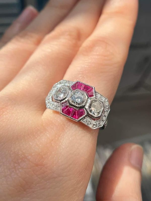 Platinum Vintage Style Diamond &amp; Ruby Ring