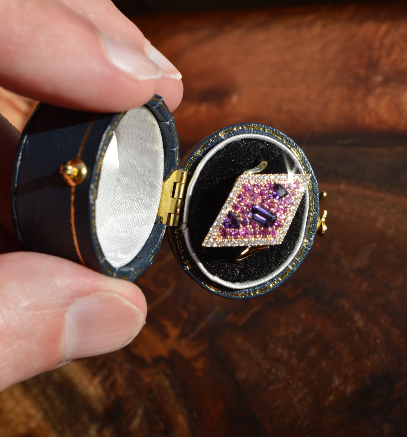 14K Yellow Gold Pink Sapphire, Amethyst  &amp; Diamond Sideways Kite Shape Ring