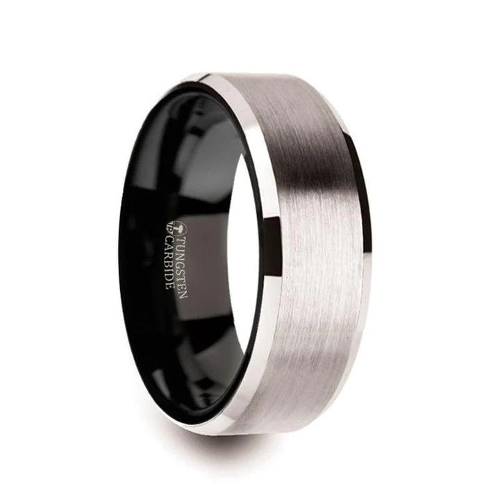 Sz10 White Tungsten Brushed Center  with Polished Beveled Edges &amp; Black Interior - 8mm