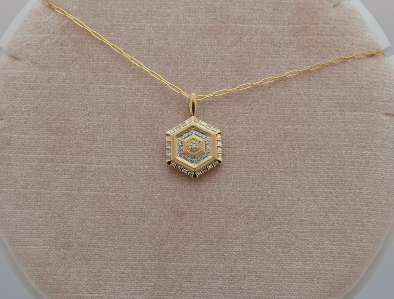 14K Yellow Gold .34ctw Diamonds in Hexagon Shape Brushed Gold Necklace