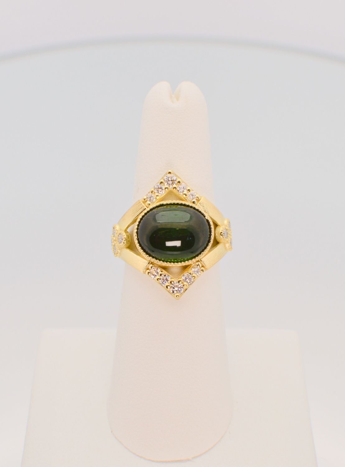 14K Green Gold Florentine Textured 8.78ct Green Tourmaline Cabochon Ring w/.58cts Diamonds