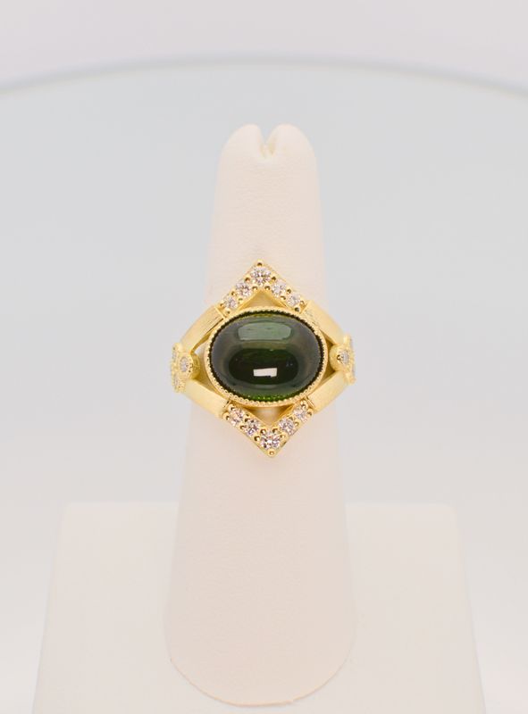 14K Green Gold Florentine Textured 8.78ct Green Tourmaline Cabochon Ring w/.58cts Diamonds