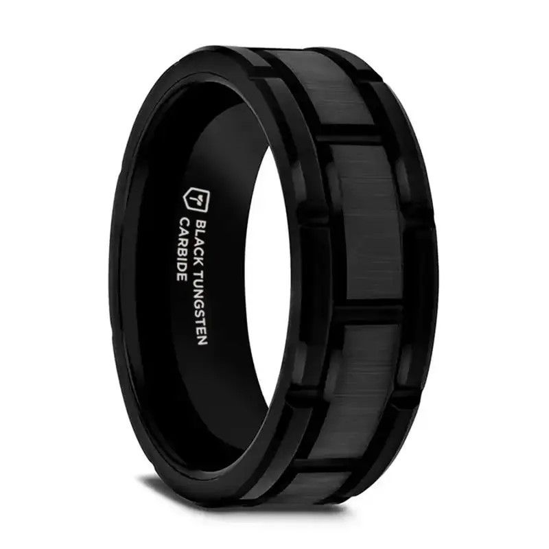 Beveled Black Tungsten Carbide w/ Brush Finished Center and Alt Grooves - 8mm-Sz10