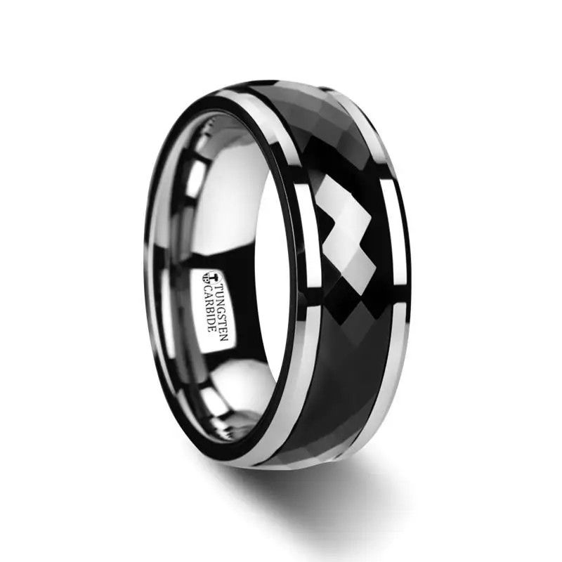 Tungsten Sz 10 Polished Diamond Faceted Black Ceramic Spinner Ring with Beveled Edges - 8mm