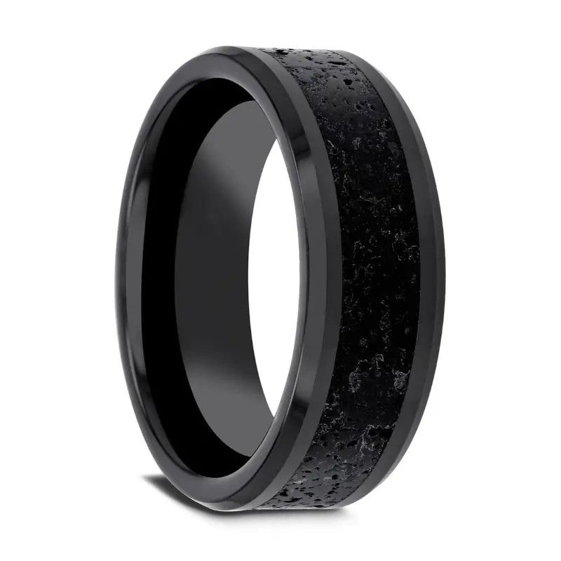 Polished Black Ceramic w/ Lava Rock Inlay &amp; Polished Bev Edges Sz10 8mm