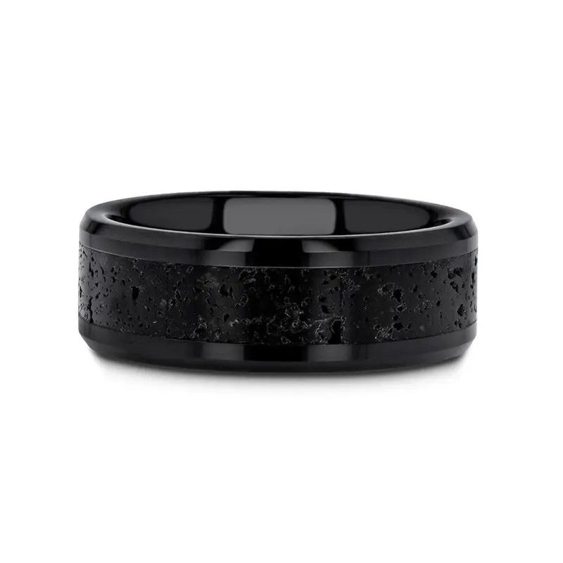 Polished Black Ceramic w/ Lava Rock Inlay &amp; Polished Bev Edges Sz10 8mm