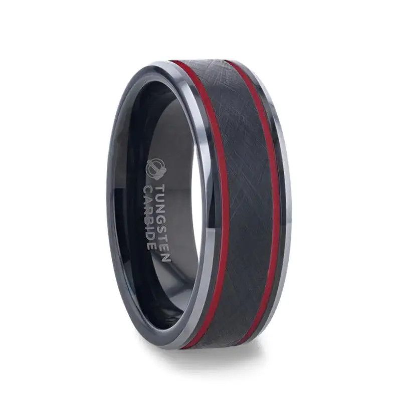 Wire Finish Center Black Tungsten Band W/Double Red Stripe Pol B Edges -Sz 10- 8mm