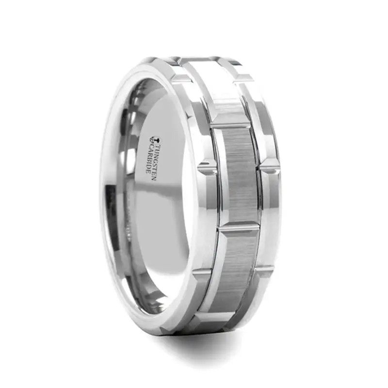 Beveled Tungsten Carbide w/ Brush Finished Center and Alternating Grooves - 8mm-Sz 10