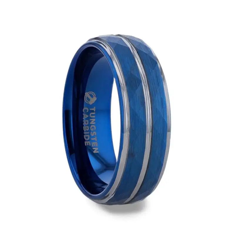 Blue IPTungsten Carbide w/ Faceted Center And Stepped Edges - 8mm-Sz10