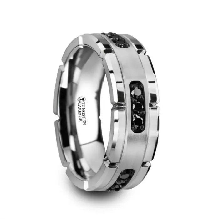 Grooved Tungsten Ring with Silver Inlay &amp; Black Diamonds - 8mm-SZ 10