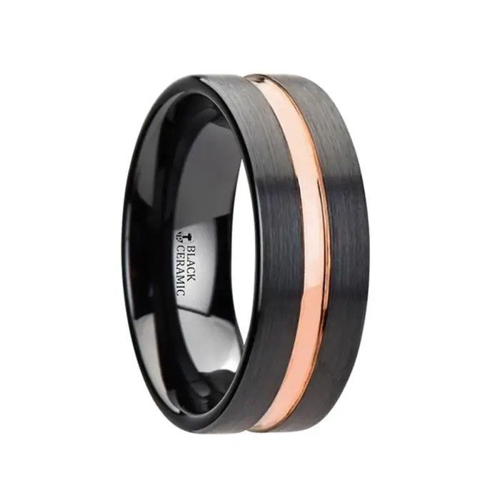 Black Ceramic Wedding Band with Rose Gold Groove -8MM- SZ10