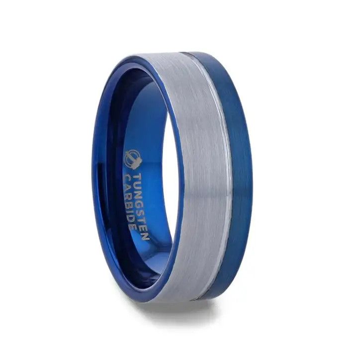 Duo Color Brushed Center Tungsten Carbide w/ Blue Ion Plating Inside the Band-8mm-SZ10