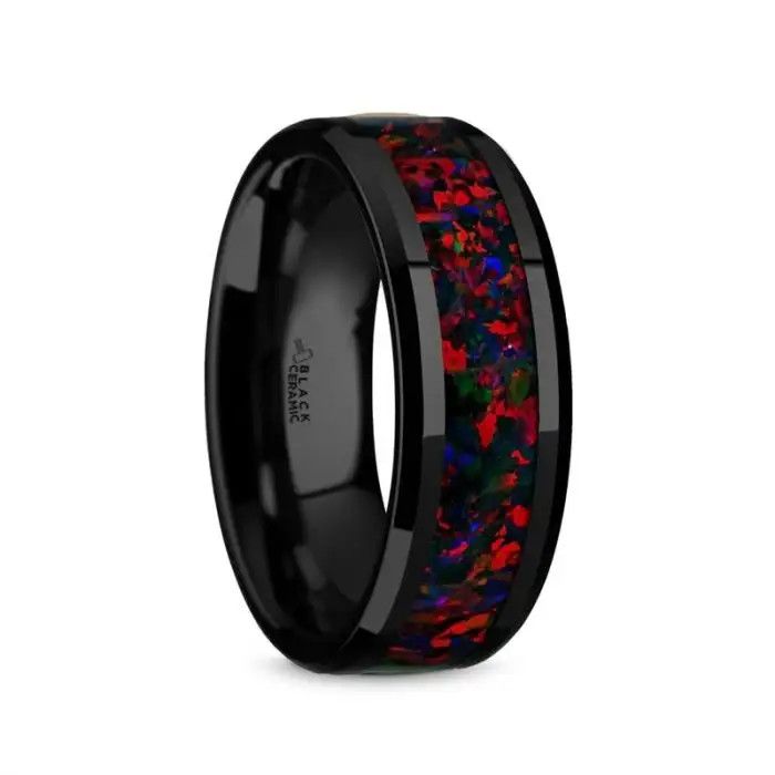 Black Ceramic Polished Beveled Edges  with Black Opal Inlay - 8mm- SZ10