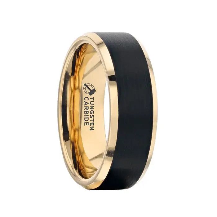 Gold Plated Tungsten Polished Beveled Ring with Brushed Black Center -  8mm SZ10