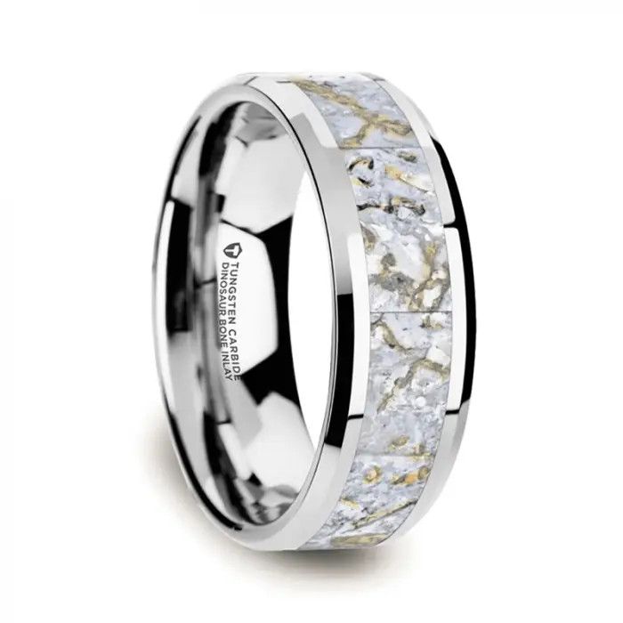 Tungsten Flat Beveled  with White Dinosaur Bone Inlay - 8mm- SZ 10.5