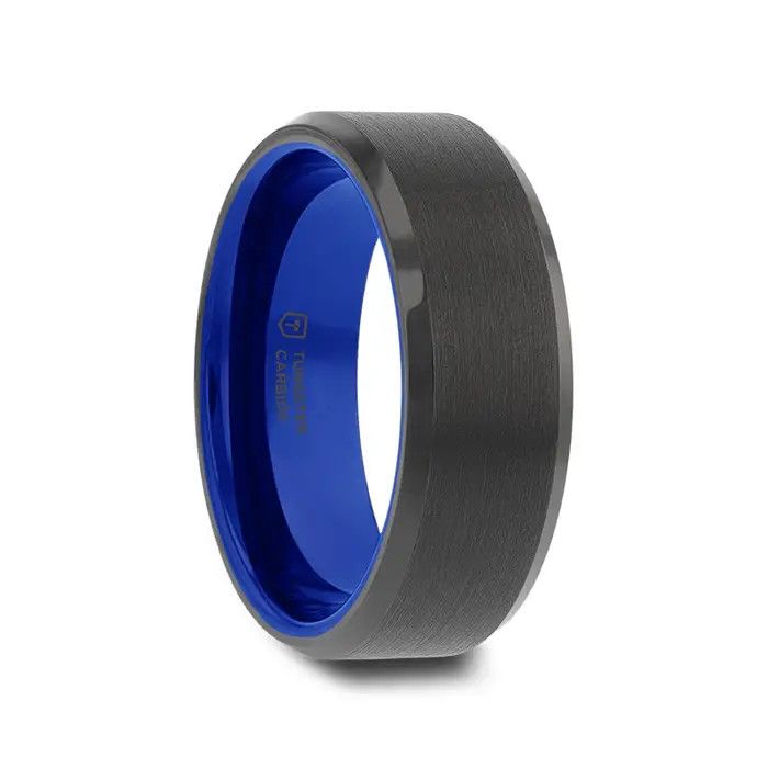 Black Tungsten Ring w/ Beveled Edges and Brushed Center w/ Blue Ceramic Inside - 8mm- SZ 10