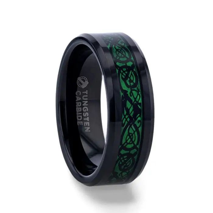Black Tungsten Men&#39;s Ring w/Black Dragon Inlay, Green W/ Beveled Edge - 8mm-Sz 10