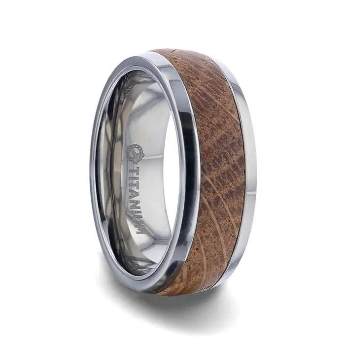 Whiskey Barrel Inlaid Titanium  w/ Polished Edges   - 8mm-Sz 10.5 Stave